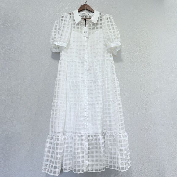 English Factory Gridded Organza Tiered Maxi Dress Plus Size 1X Puff Sleeve New - Picture 2 of 12